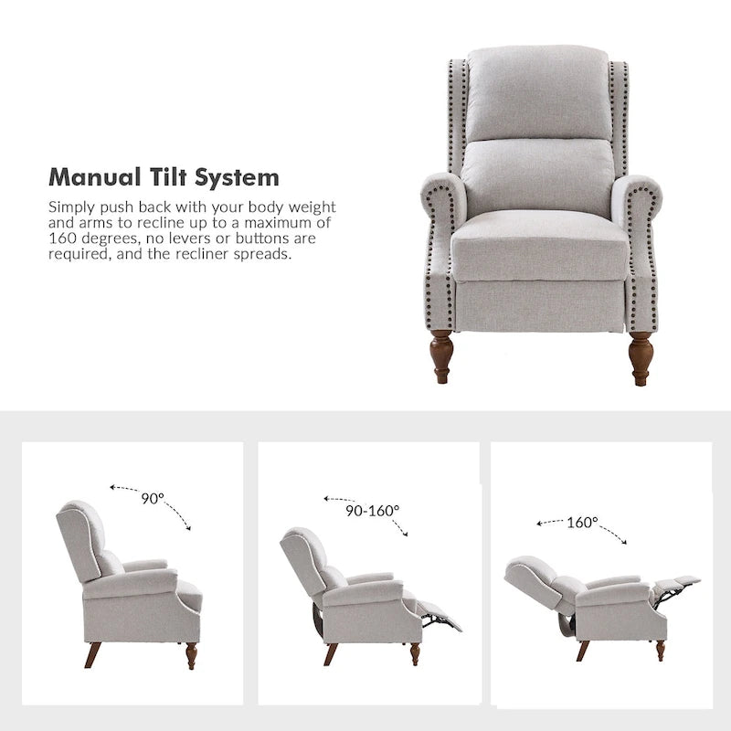 Fauteuil inclinable manuel Terri Traditional avec accoudoirs arrondis et pieds en bois massif par HULALA HOME