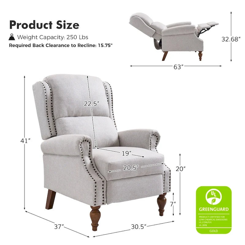 Fauteuil inclinable manuel Terri Traditional avec accoudoirs arrondis et pieds en bois massif par HULALA HOME