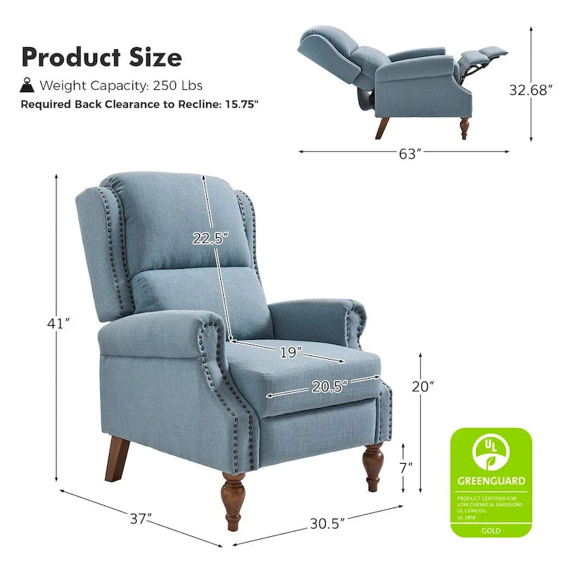 Fauteuil inclinable manuel Terri Traditional avec accoudoirs arrondis et pieds en bois massif par HULALA HOME