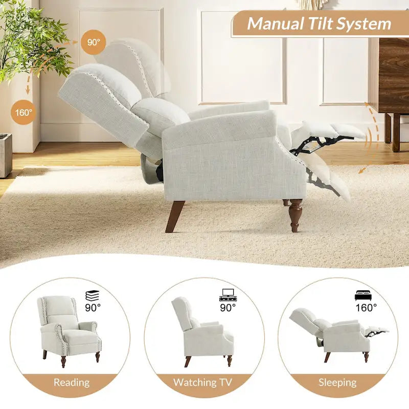 Fauteuil inclinable manuel Terri Traditional avec accoudoirs arrondis et pieds en bois massif par HULALA HOME