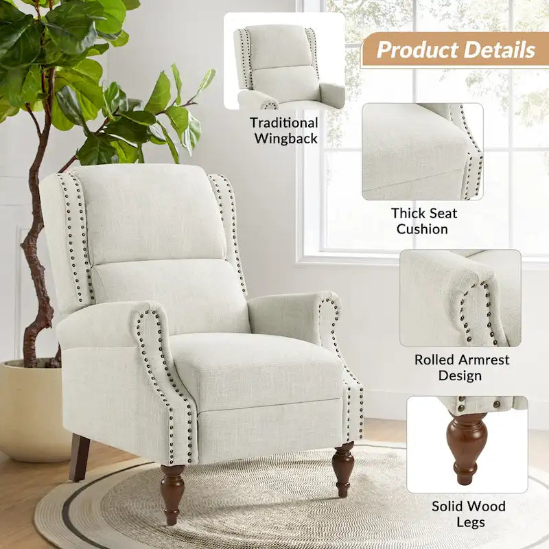 Fauteuil inclinable manuel Terri Traditional avec accoudoirs arrondis et pieds en bois massif par HULALA HOME