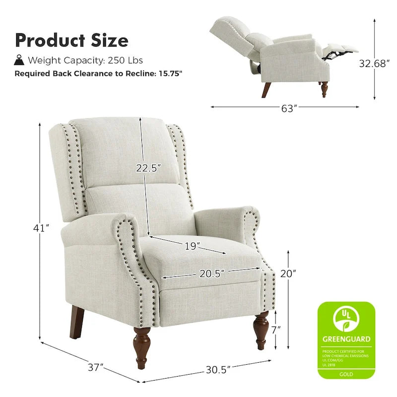 Fauteuil inclinable manuel Terri Traditional avec accoudoirs arrondis et pieds en bois massif par HULALA HOME