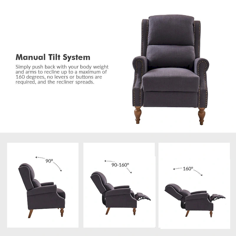 Fauteuil inclinable manuel Terri Traditional avec accoudoirs arrondis et pieds en bois massif par HULALA HOME