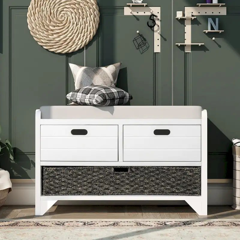 Banc de rangement avec panier amovible et 2 tiroirs, banc à chaussures entièrement assemblé avec coussin amovible