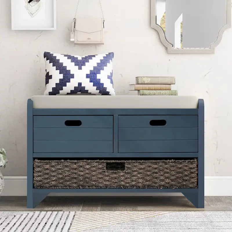 Banc de rangement avec panier amovible et 2 tiroirs, banc à chaussures entièrement assemblé avec coussin amovible