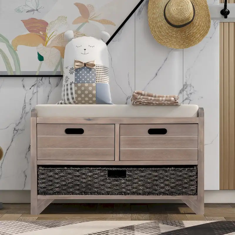 Banc de rangement avec panier amovible et 2 tiroirs, banc à chaussures entièrement assemblé avec coussin amovible