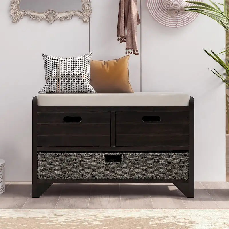 Banc de rangement avec panier amovible et 2 tiroirs, banc à chaussures entièrement assemblé avec coussin amovible