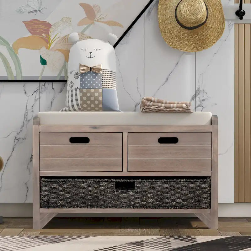 Banc de rangement avec panier amovible et 2 tiroirs, banc à chaussures entièrement assemblé avec coussin amovible