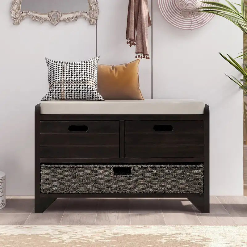 Banc de rangement avec panier amovible et 2 tiroirs, banc à chaussures entièrement assemblé avec coussin amovible