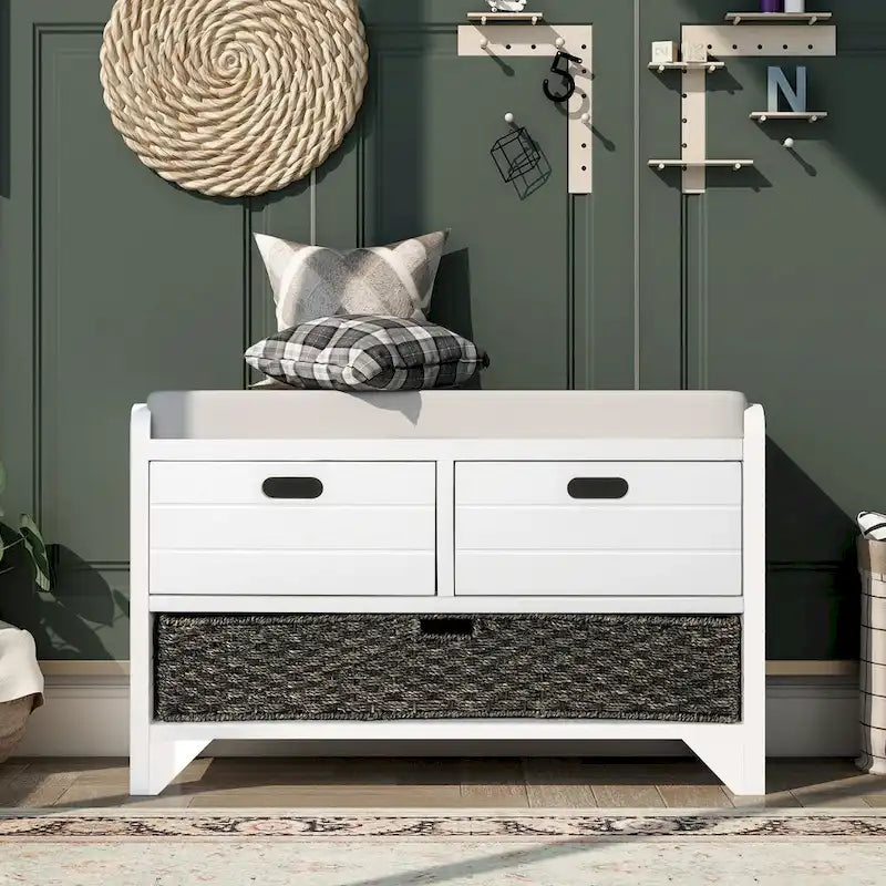 Banc de rangement avec panier amovible et 2 tiroirs, banc à chaussures entièrement assemblé avec coussin amovible