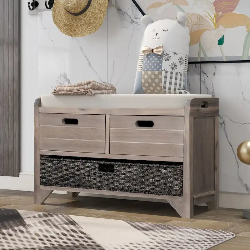 Banc de rangement avec panier amovible et 2 tiroirs, banc à chaussures entièrement assemblé avec coussin amovible