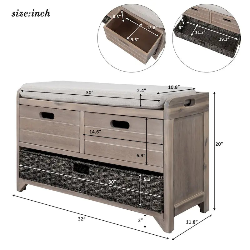 Banc de rangement avec panier amovible et 2 tiroirs, banc à chaussures entièrement assemblé avec coussin amovible