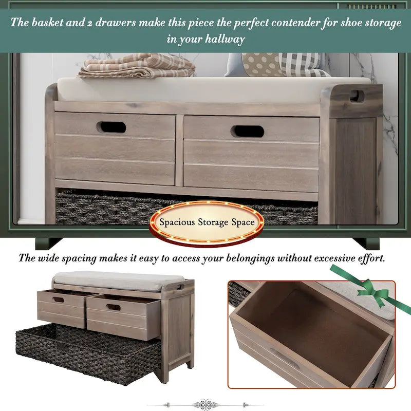 Banc de rangement avec panier amovible et 2 tiroirs, banc à chaussures entièrement assemblé avec coussin amovible