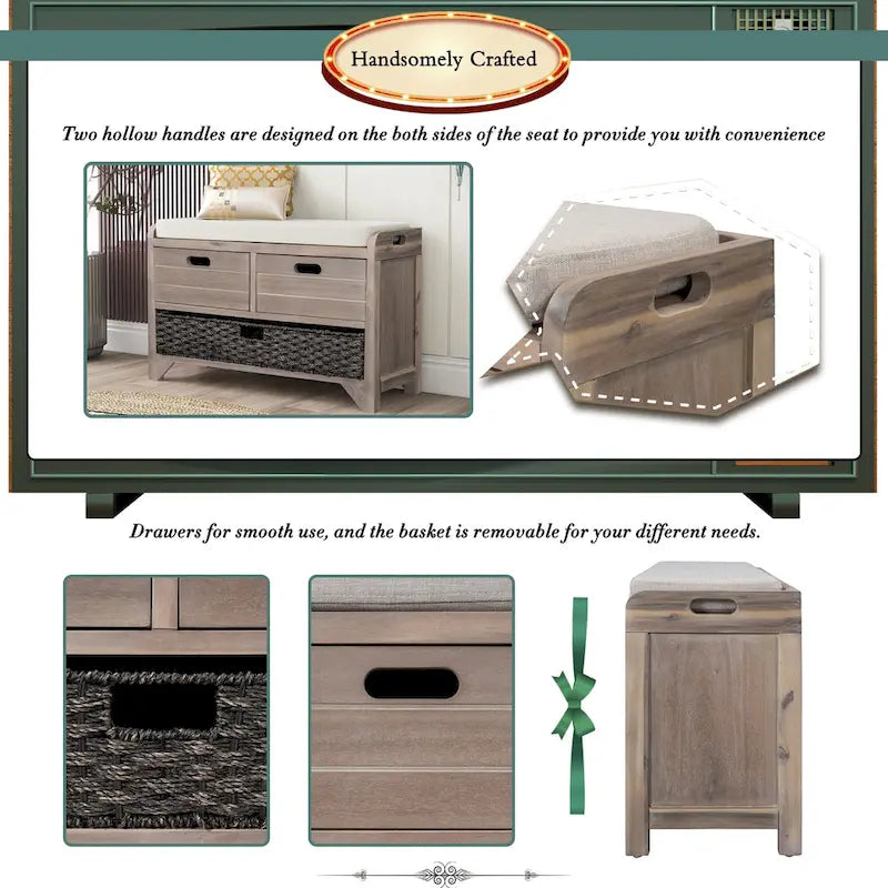 Banc de rangement avec panier amovible et 2 tiroirs, banc à chaussures entièrement assemblé avec coussin amovible
