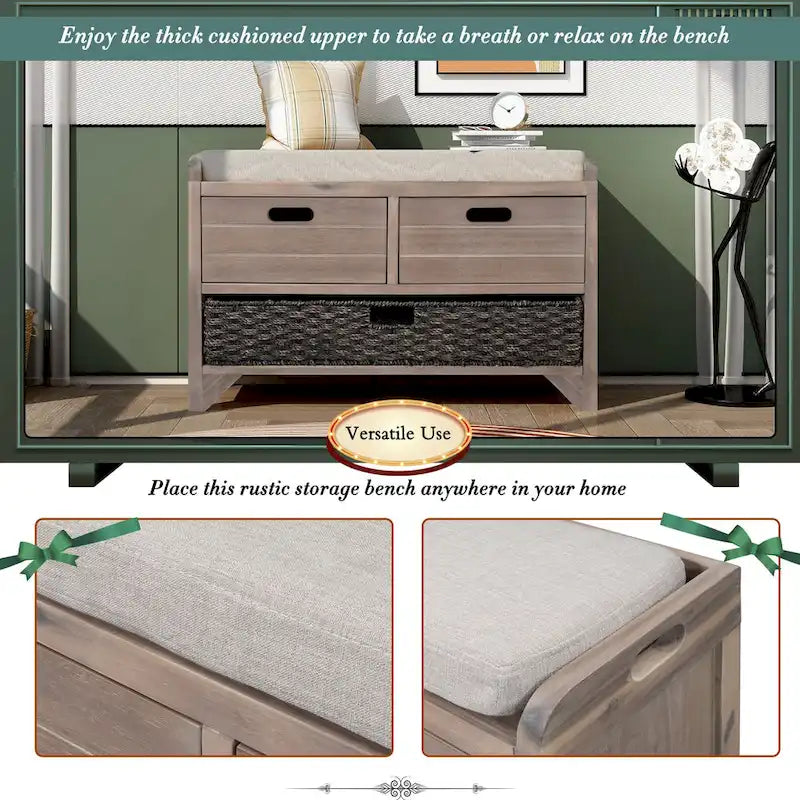 Banc de rangement avec panier amovible et 2 tiroirs, banc à chaussures entièrement assemblé avec coussin amovible