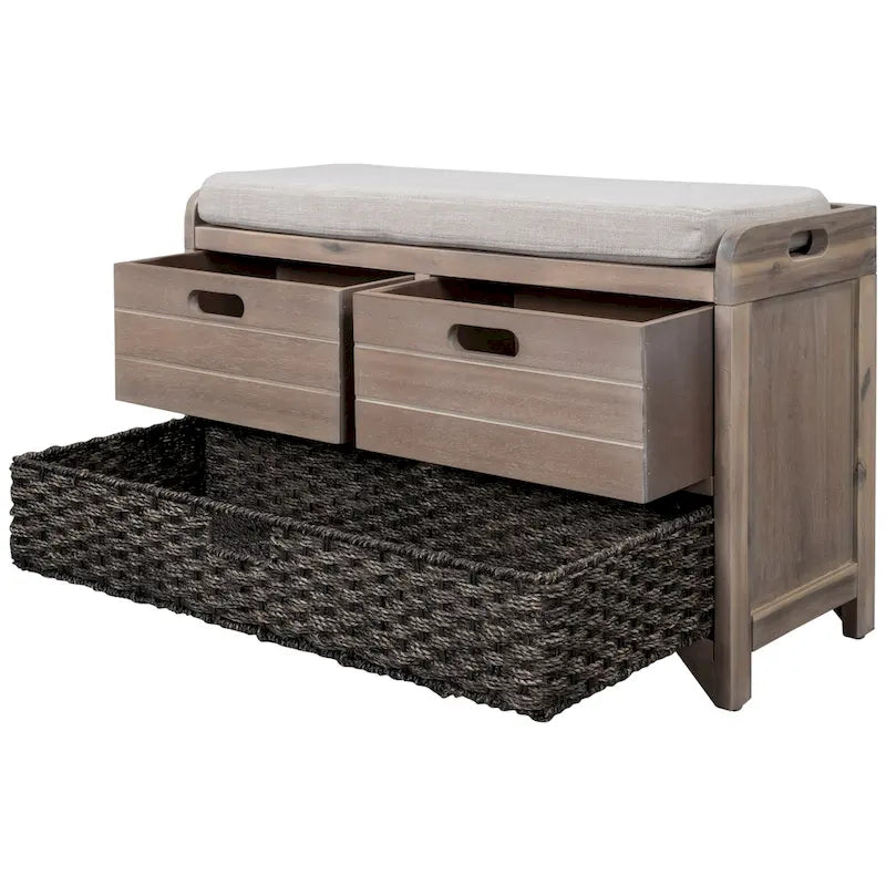 Banc de rangement avec panier amovible et 2 tiroirs, banc à chaussures entièrement assemblé avec coussin amovible