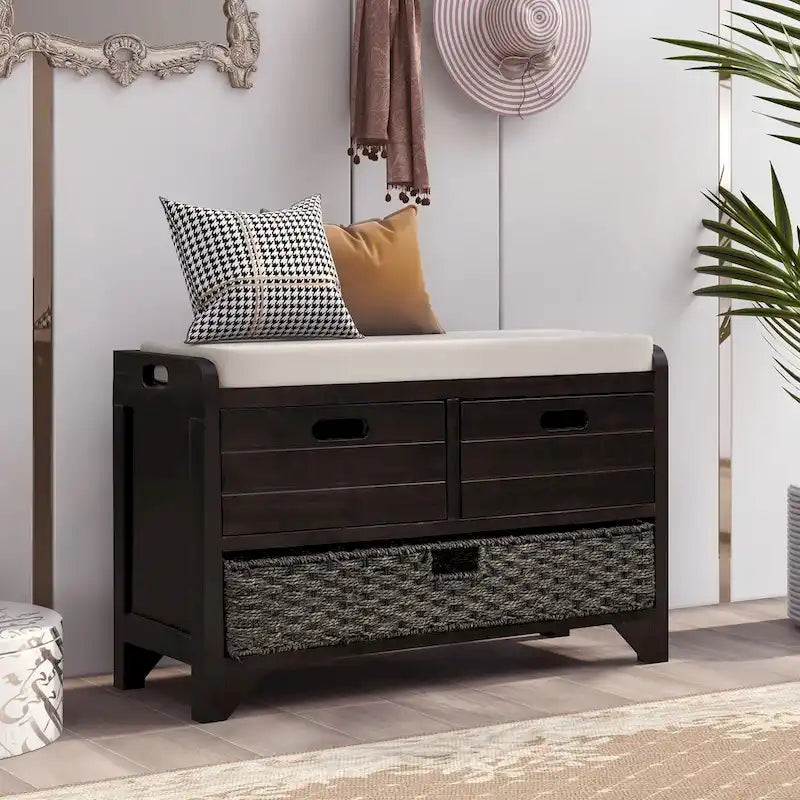 Banc de rangement avec panier amovible et 2 tiroirs, banc à chaussures entièrement assemblé avec coussin amovible