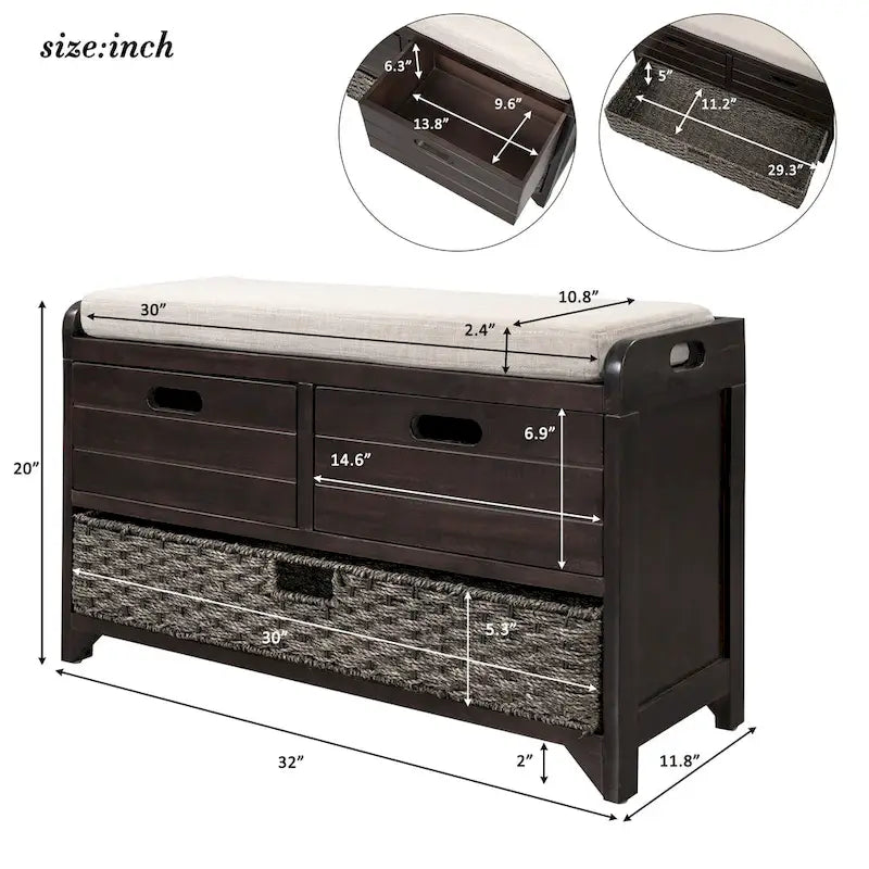 Banc de rangement avec panier amovible et 2 tiroirs, banc à chaussures entièrement assemblé avec coussin amovible