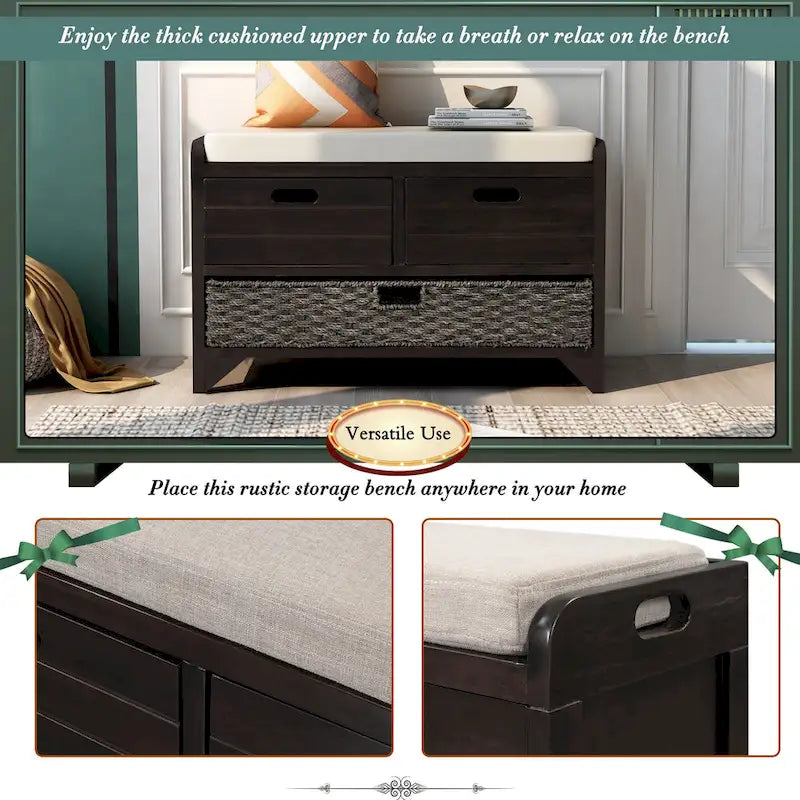 Banc de rangement avec panier amovible et 2 tiroirs, banc à chaussures entièrement assemblé avec coussin amovible