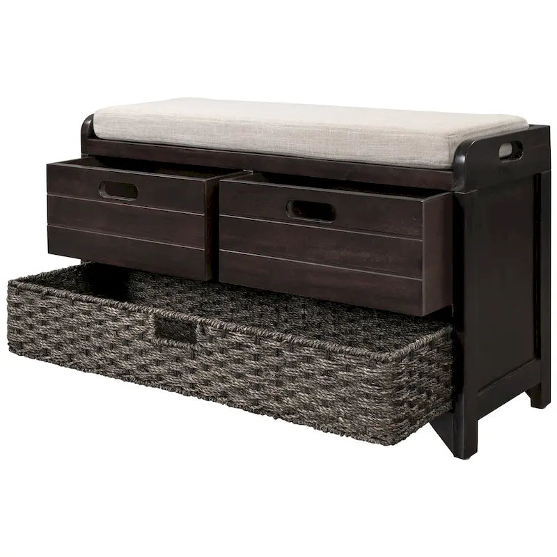 Banc de rangement avec panier amovible et 2 tiroirs, banc à chaussures entièrement assemblé avec coussin amovible