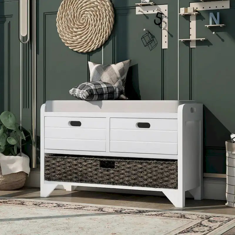 Banc de rangement avec panier amovible et 2 tiroirs, banc à chaussures entièrement assemblé avec coussin amovible