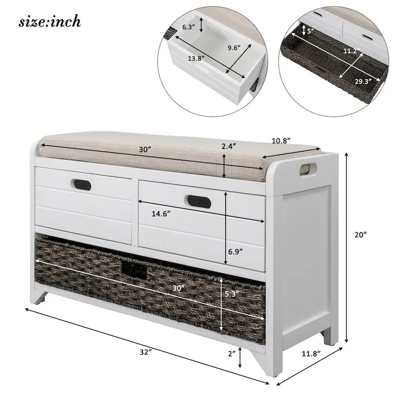 Banc de rangement avec panier amovible et 2 tiroirs, banc à chaussures entièrement assemblé avec coussin amovible