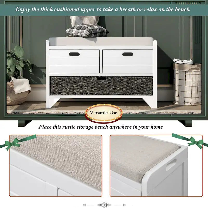 Banc de rangement avec panier amovible et 2 tiroirs, banc à chaussures entièrement assemblé avec coussin amovible