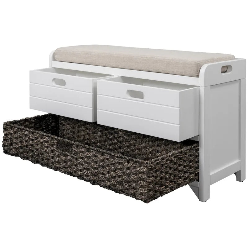 Banc de rangement avec panier amovible et 2 tiroirs, banc à chaussures entièrement assemblé avec coussin amovible