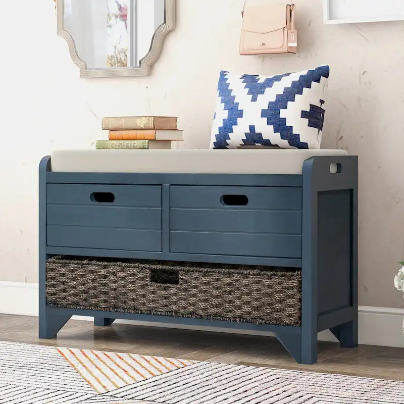 Banc de rangement avec panier amovible et 2 tiroirs, banc à chaussures entièrement assemblé avec coussin amovible