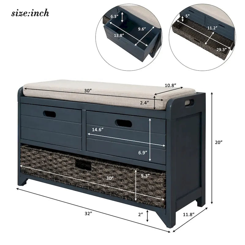 Banc de rangement avec panier amovible et 2 tiroirs, banc à chaussures entièrement assemblé avec coussin amovible