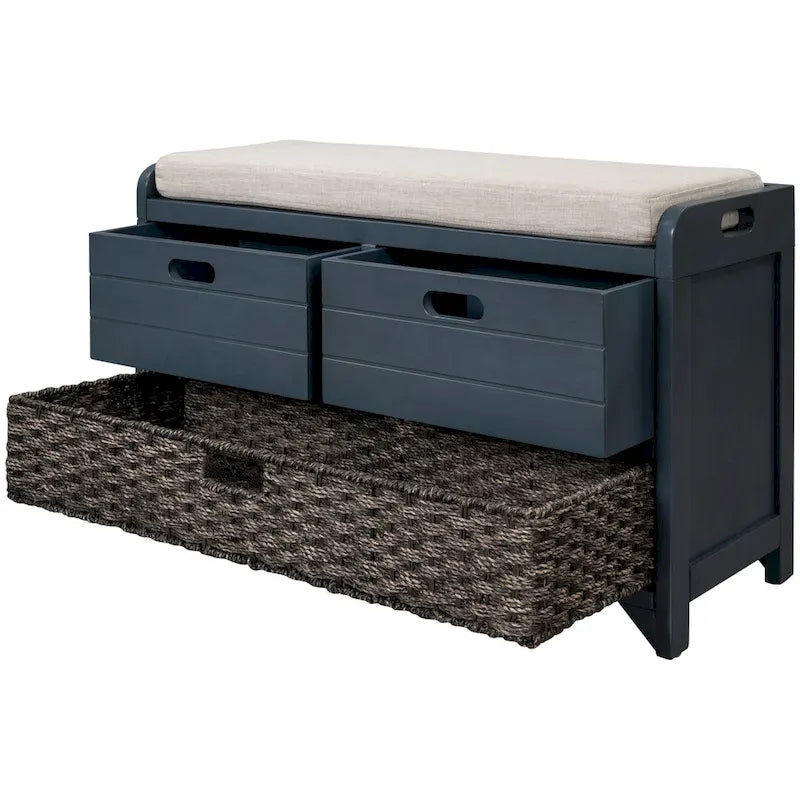 Banc de rangement avec panier amovible et 2 tiroirs, banc à chaussures entièrement assemblé avec coussin amovible