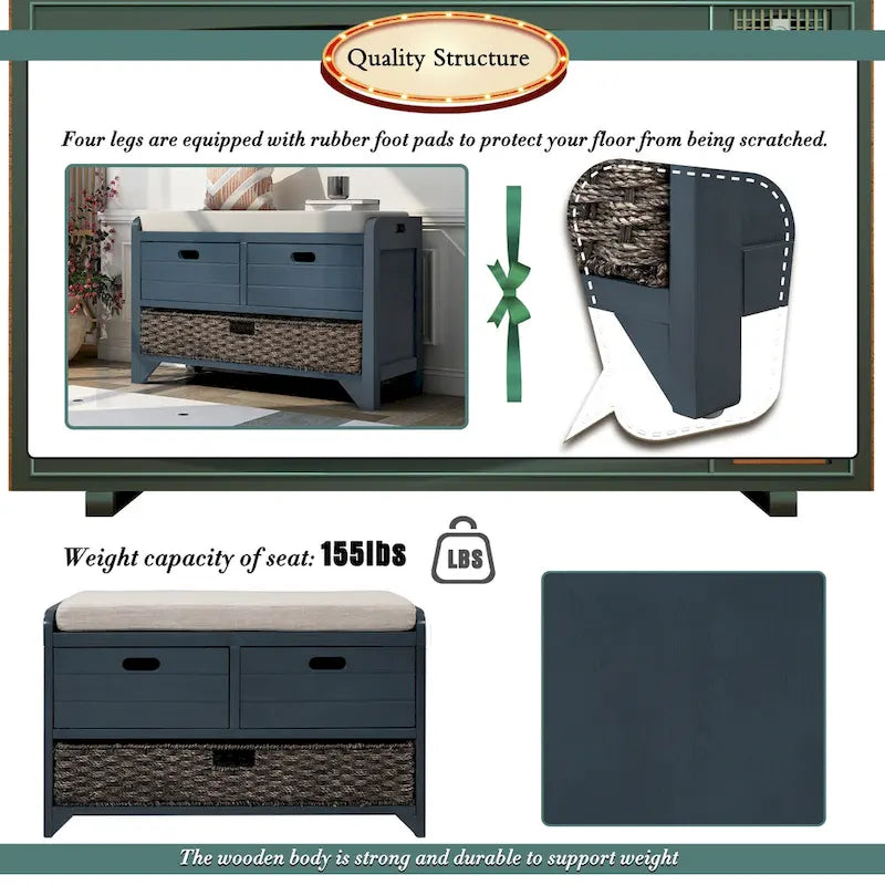 Banc de rangement avec panier amovible et 2 tiroirs, banc à chaussures entièrement assemblé avec coussin amovible