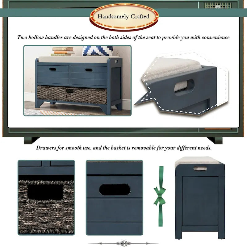 Banc de rangement avec panier amovible et 2 tiroirs, banc à chaussures entièrement assemblé avec coussin amovible