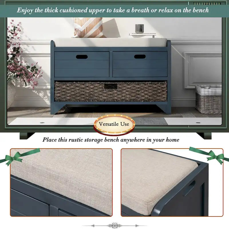 Banc de rangement avec panier amovible et 2 tiroirs, banc à chaussures entièrement assemblé avec coussin amovible