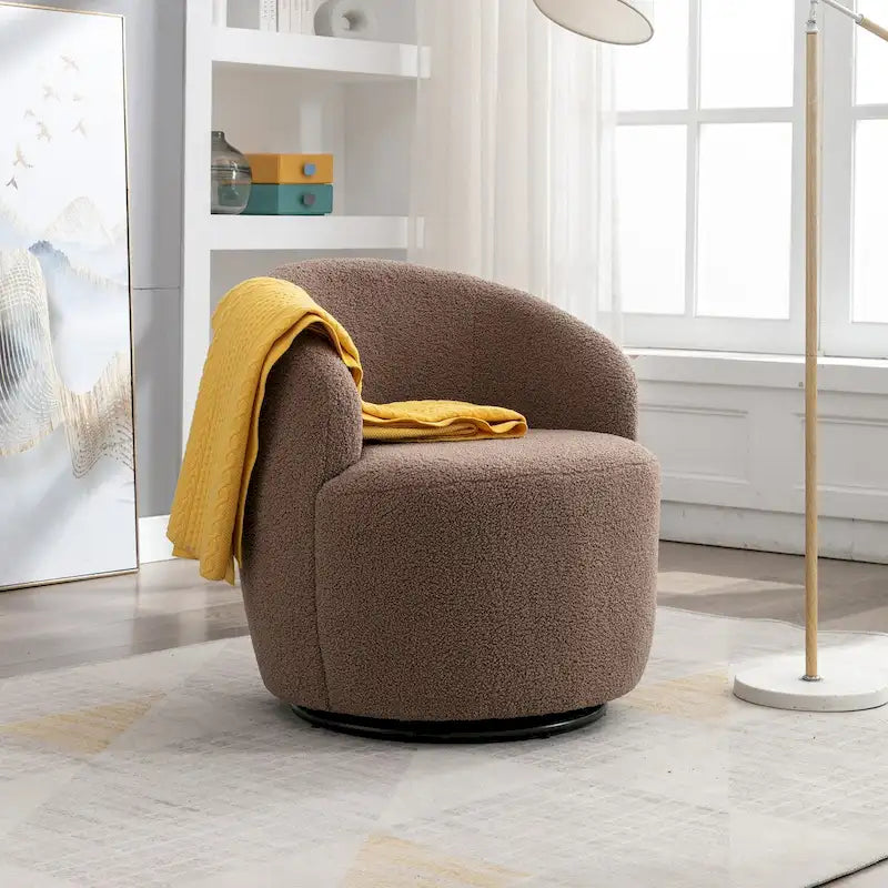 Fauteuil Pivotant d'Appoint en Tissu Teddy, Fauteuil Tonneau Rembourré avec Piètement Rond Pivotant en Métal Noir