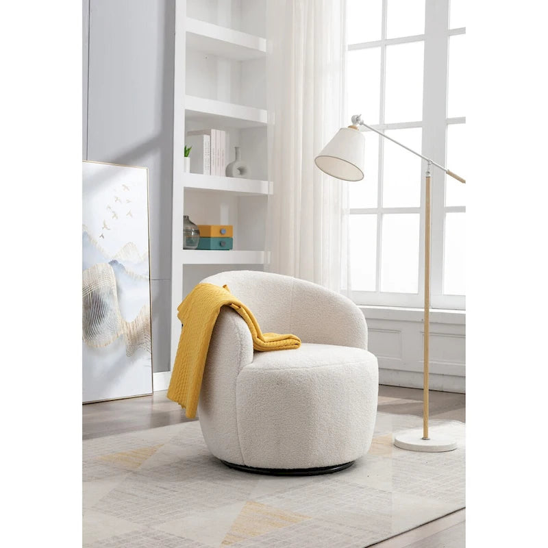 Fauteuil Pivotant d'Appoint en Tissu Teddy, Fauteuil Tonneau Rembourré avec Piètement Rond Pivotant en Métal Noir