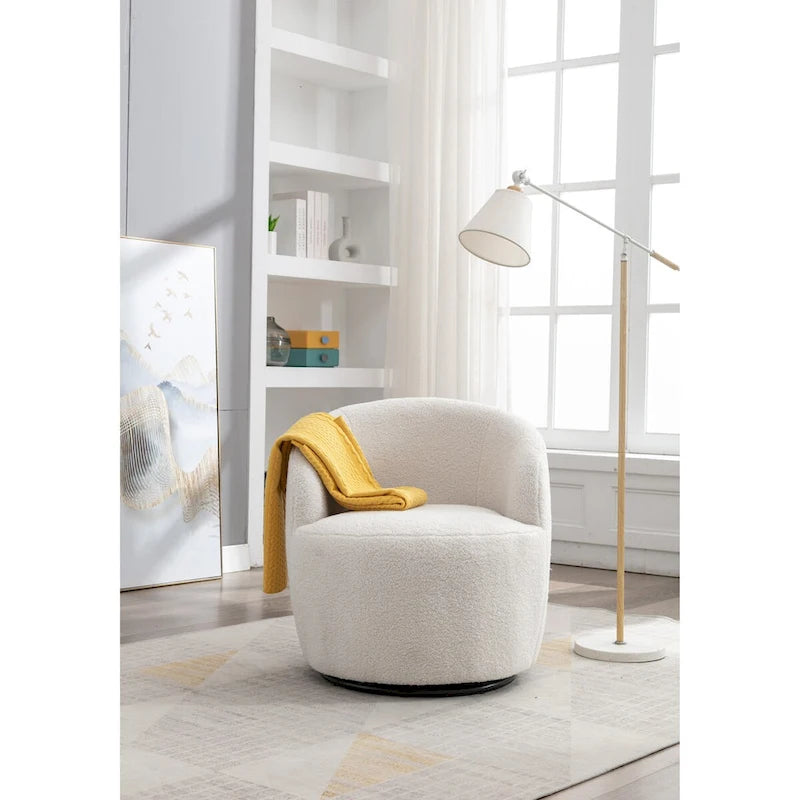 Fauteuil Pivotant d'Appoint en Tissu Teddy, Fauteuil Tonneau Rembourré avec Piètement Rond Pivotant en Métal Noir