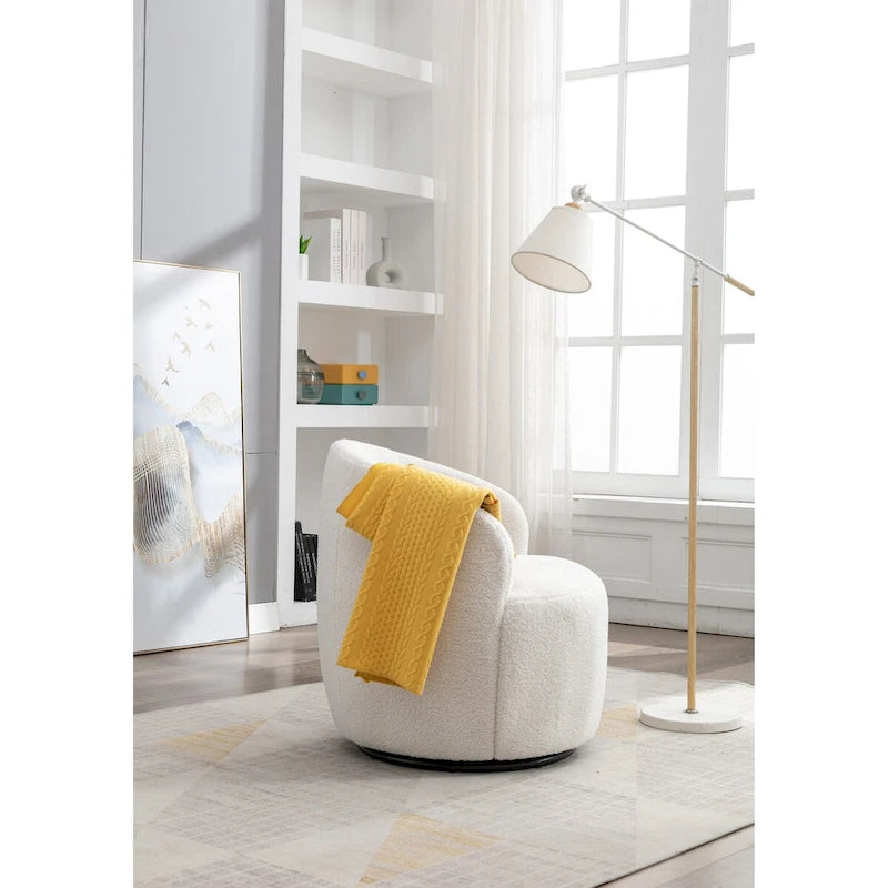 Fauteuil Pivotant d'Appoint en Tissu Teddy, Fauteuil Tonneau Rembourré avec Piètement Rond Pivotant en Métal Noir