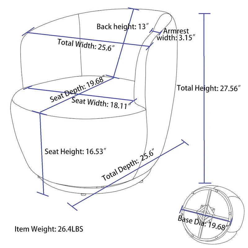 Fauteuil Pivotant d'Appoint en Tissu Teddy, Fauteuil Tonneau Rembourré avec Piètement Rond Pivotant en Métal Noir