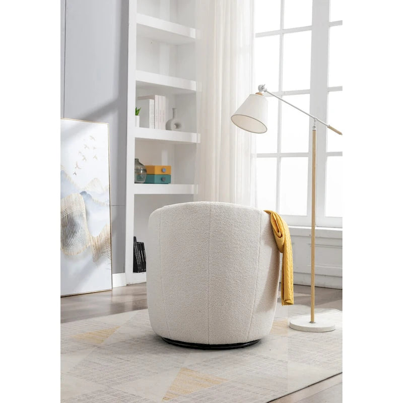 Fauteuil Pivotant d'Appoint en Tissu Teddy, Fauteuil Tonneau Rembourré avec Piètement Rond Pivotant en Métal Noir
