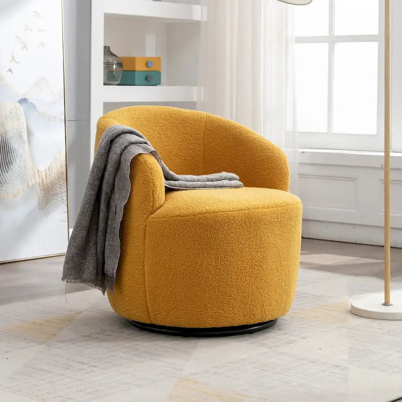 Fauteuil Pivotant d'Appoint en Tissu Teddy, Fauteuil Tonneau Rembourré avec Piètement Rond Pivotant en Métal Noir