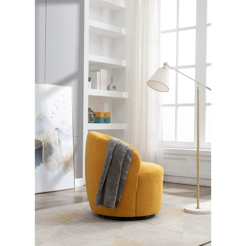 Fauteuil Pivotant d'Appoint en Tissu Teddy, Fauteuil Tonneau Rembourré avec Piètement Rond Pivotant en Métal Noir