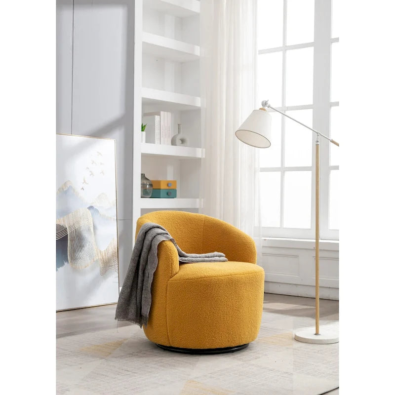 Fauteuil Pivotant d'Appoint en Tissu Teddy, Fauteuil Tonneau Rembourré avec Piètement Rond Pivotant en Métal Noir