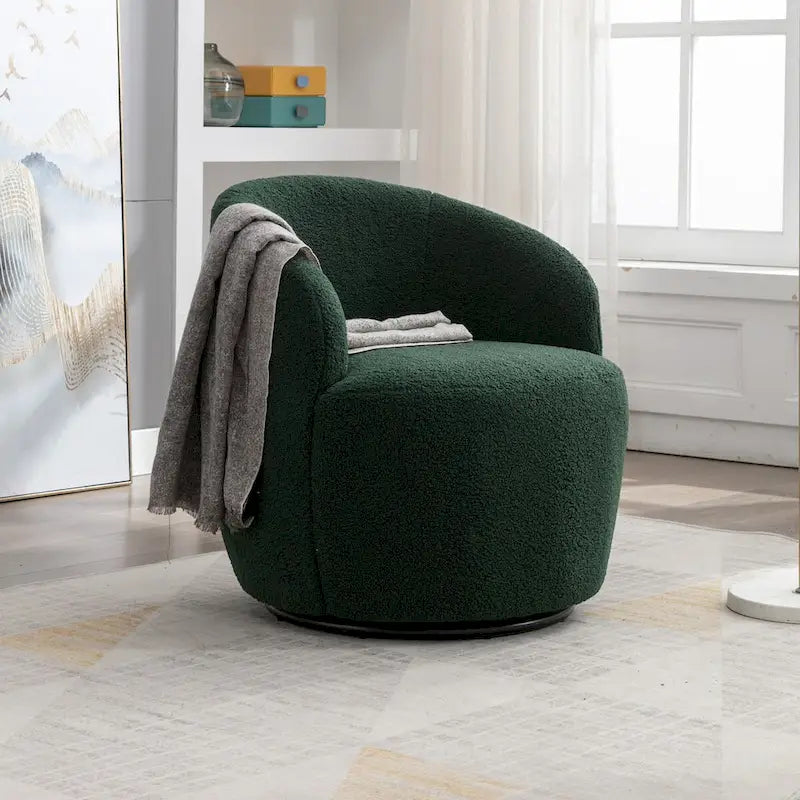 Fauteuil Pivotant d'Appoint en Tissu Teddy, Fauteuil Tonneau Rembourré avec Piètement Rond Pivotant en Métal Noir