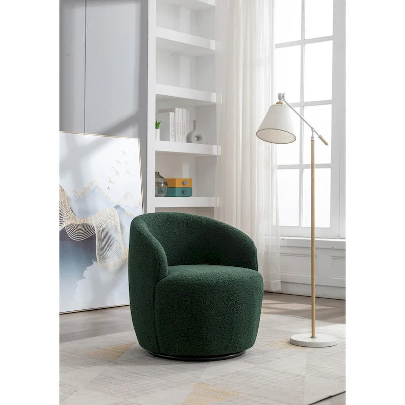 Fauteuil Pivotant d'Appoint en Tissu Teddy, Fauteuil Tonneau Rembourré avec Piètement Rond Pivotant en Métal Noir