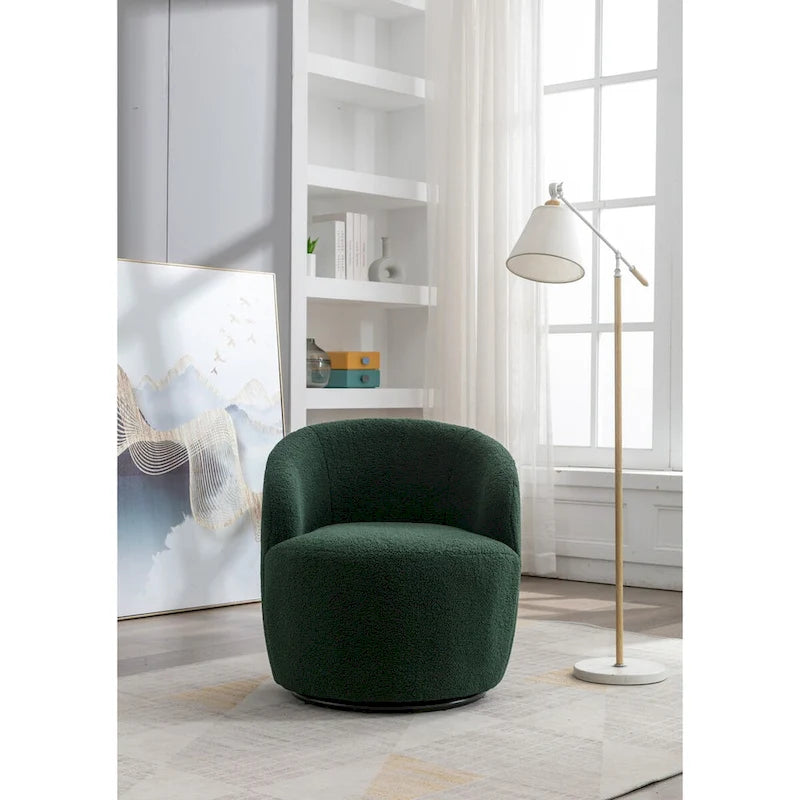 Fauteuil Pivotant d'Appoint en Tissu Teddy, Fauteuil Tonneau Rembourré avec Piètement Rond Pivotant en Métal Noir
