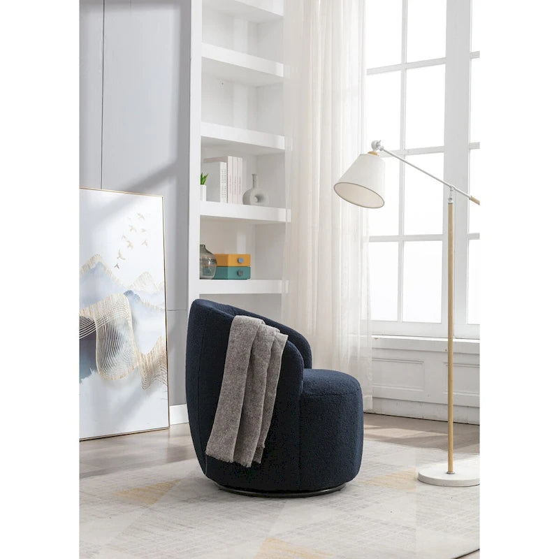 Fauteuil Pivotant d'Appoint en Tissu Teddy, Fauteuil Tonneau Rembourré avec Piètement Rond Pivotant en Métal Noir