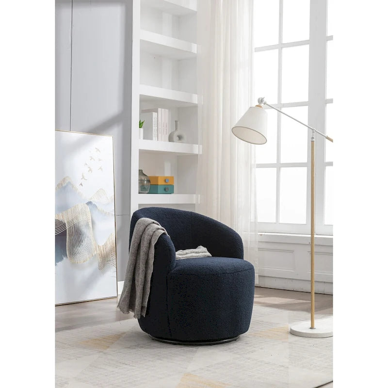 Fauteuil Pivotant d'Appoint en Tissu Teddy, Fauteuil Tonneau Rembourré avec Piètement Rond Pivotant en Métal Noir