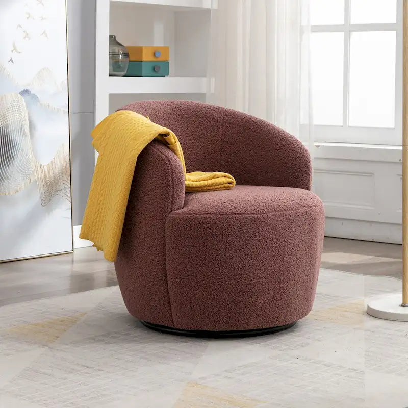 Fauteuil Pivotant d'Appoint en Tissu Teddy, Fauteuil Tonneau Rembourré avec Piètement Rond Pivotant en Métal Noir