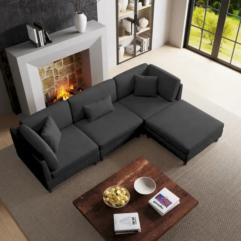 Ensemble de canapé modulaire en velours côtelé avec ottoman